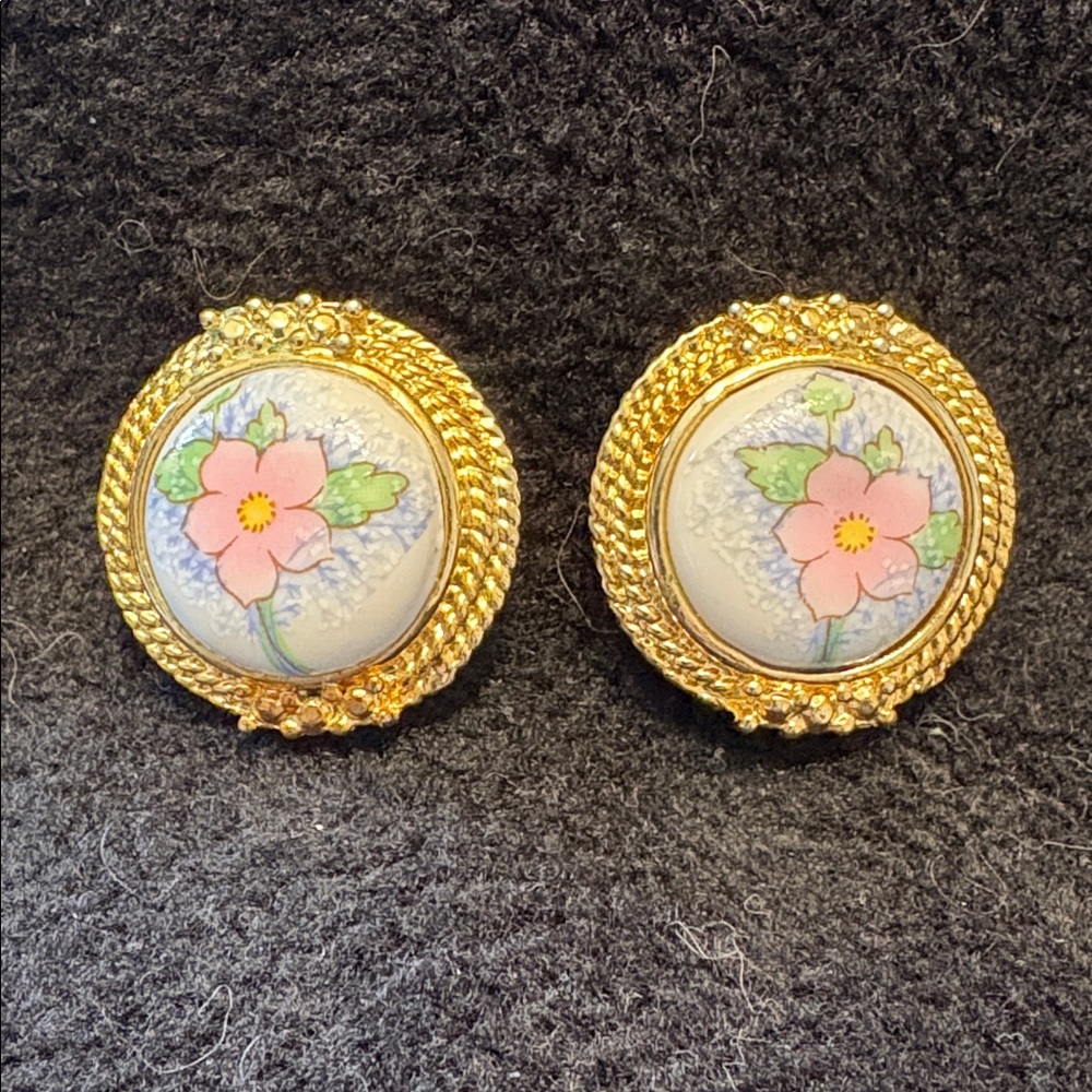 Vintage Porcelain Floral Apple Blossom Clip-on Style Earrings